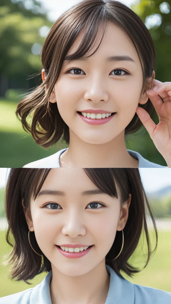 (Surreal), (High resolution), (8K), (Very detailed), (Beautiful and fine details), (Highest quality), (Ultra-detailed), (masterpiece), (Detailed face), Park Background、Yui Arakaki's face、huge 、Japanese: Tie your hair up、Laughter、Smiling and making a peace sign