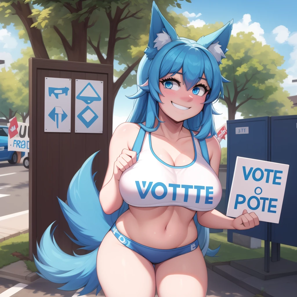 (Masterpiece) (High Detail) (High Res) A short humanoid girl with pale human skin and blue eyes and long blue hair and blue dog ears and a fluffy blue dog tail and average breasts. She is stood outside a polling station and is holding a protest sign which says "VOTE!" and she is smiling cheerfully.