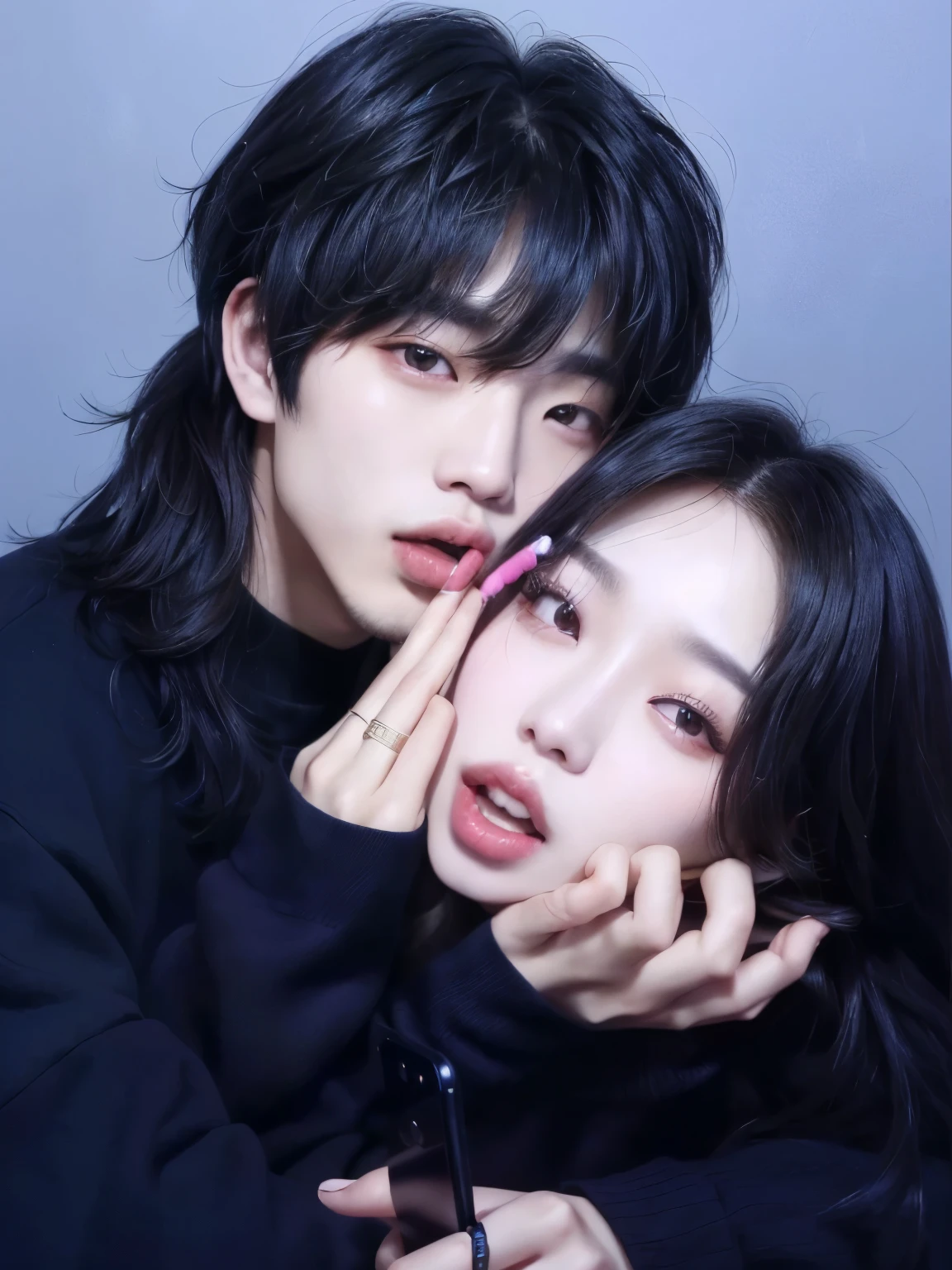 a close up of two people with one holding a cell phone, 👅 👅, jimin\'s plump lips, ulzzang, they are siblings, kanliu666, couple pose, jia, sun yunjoo, jinyoung shin, profile pic, taejune kim, nixeu and sakimichan, & jeehyung lee & wlop, jaeyeon nam