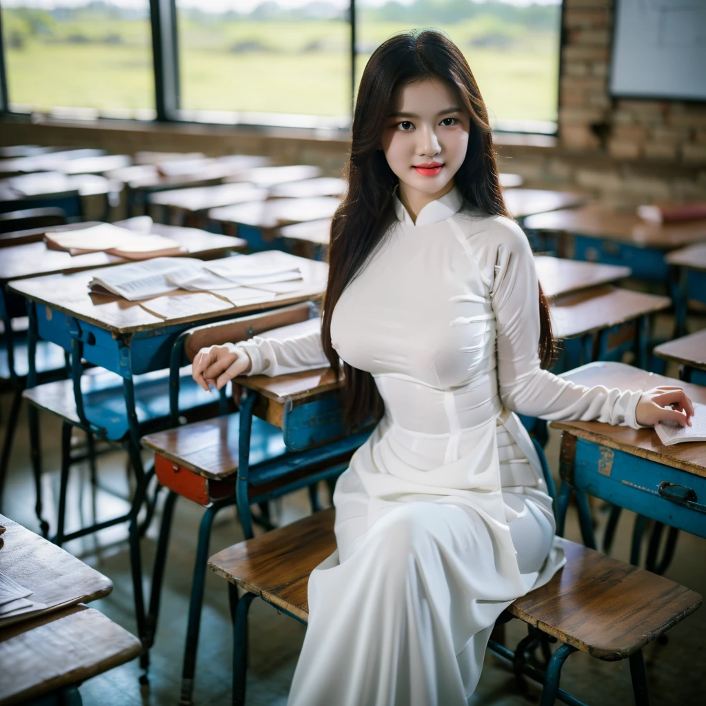((Ao Dai, big breasts, beautiful breasts, sitting on a chair in the classroom, 8k quality photo with good details))