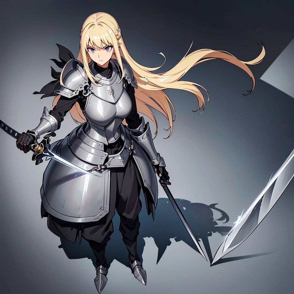 Best illustrations、Best Quality、(Full body character concept、detailed)、(((Simple grey armor、Black trousers、Black gloves))、(woman、18-year-old)、(Blonde、Long Hair)、(((Grab the sword、Get Ready)))、(From above at an angle)