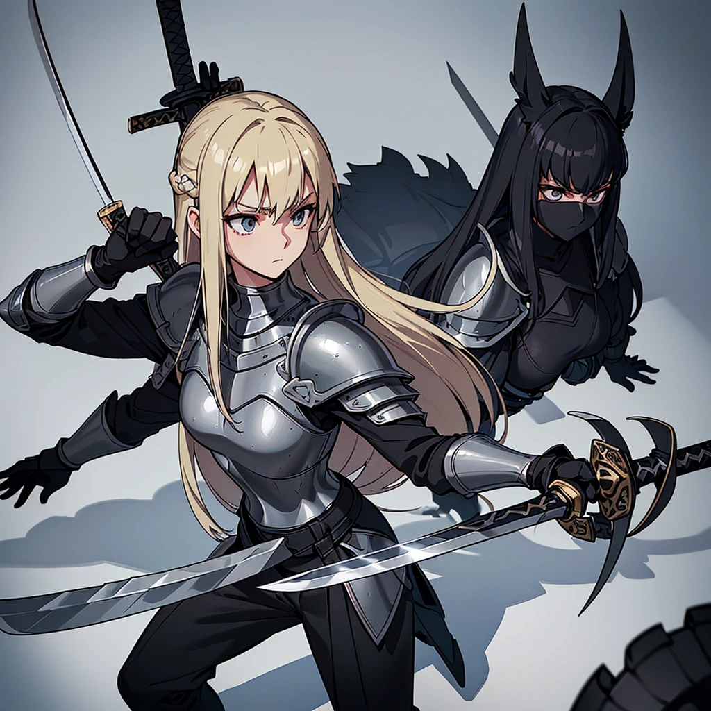 Best illustrations、Best Quality、(Full body character concept、detailed)、(((Simple grey armor、Black trousers、Black gloves))、(woman、18-year-old)、(Blonde、Long Hair)、(((Grab the sword、Get Ready)))、(From above at an angle)