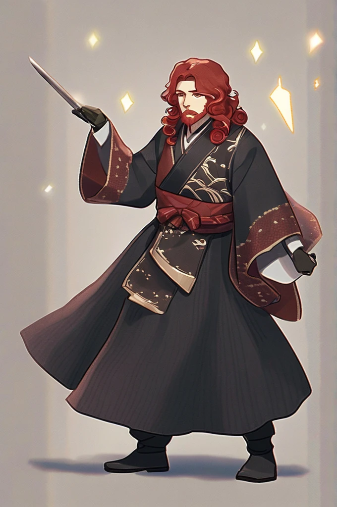 ((Лучшее качество)), ((шедевр)), (подробный), A red-haired curly-haired samurai with a beard