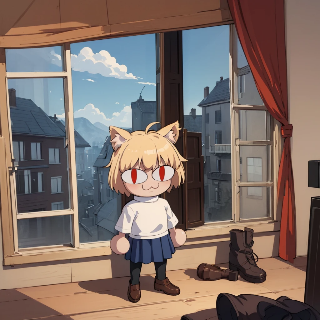 (masterpiece, best quality:1.2), necoarc, slit pupils, cat ears, blonde hair, red eyes, chibi, 1boy, solo, white turtleneck, blue skirt, pleated skirt, brown footwear, pantyhose, near a window, inside a room, highlight thighs, :3, landscape