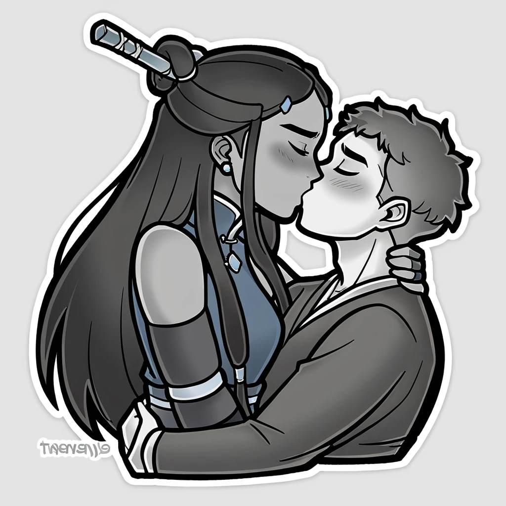 Score_9, score_8_up, 1girl, katara, 1boy, avatar aang, together, in love, kissing