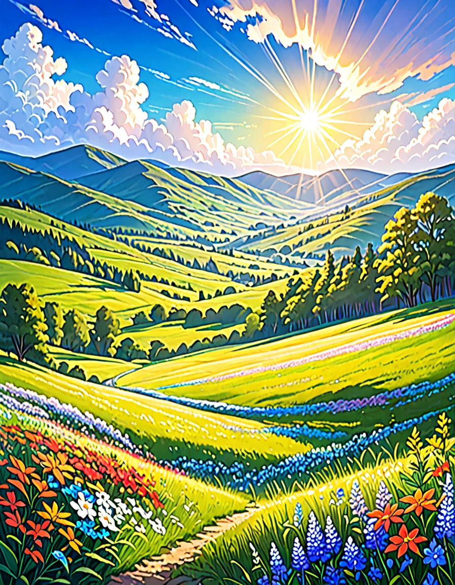 a beautiful detailed landscape, lush green meadow, colorful wildflowers, fluffy white clouds in a bright blue sky, sunlight streaming through clouds, rolling hills in the distance, intricate foliage, photorealistic, vibrant colors, natural lighting, serene, tranquil