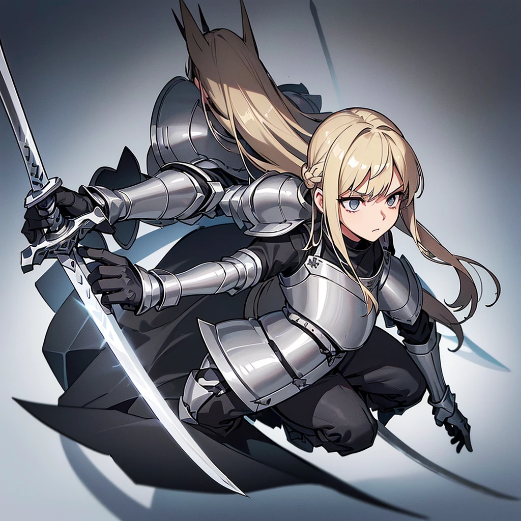 Best illustrations、Best Quality、(Full body character concept、detailed)、(((Simple grey armor、Black trousers、Black gloves))、(woman、18-year-old)、(Blonde、Long Hair)、(((Grab the sword、Get Ready)))、(From above at an angle)
