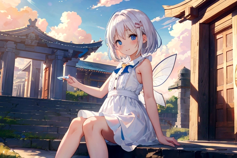 masterpiece, 最high quality, high quality, Highly detailed cg 8k wallpaper, Sunlight, Shiny hair, Blurred eyes, temple, Beautiful sky, cloud, A girl, 10 year old girl, small, Fairy, baby face, Cute face, Pretty Face, blush, Smile, Short white hair, blue eyes, whtie sleeveless dress, Armpits, turn, sit
