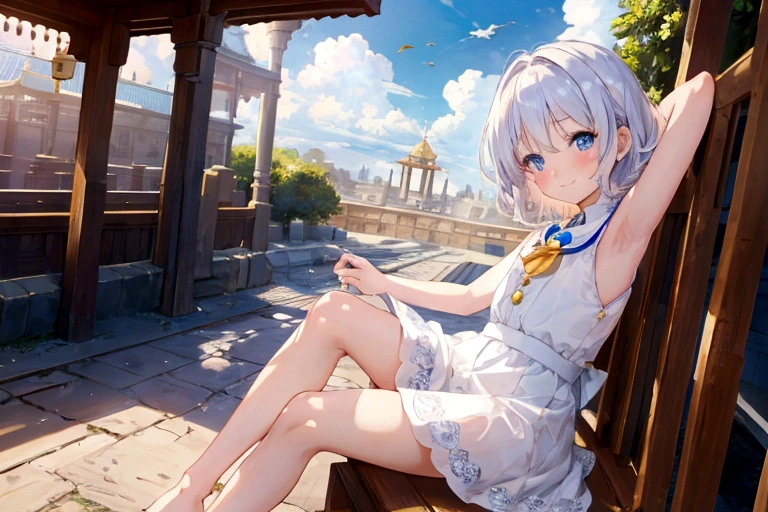 masterpiece, 最high quality, high quality, Highly detailed cg 8k wallpaper, Sunlight, Shiny hair, Blurred eyes, temple, Beautiful sky, cloud, A girl, 10 year old girl, small, Fairy, baby face, Cute face, Pretty Face, blush, Smile, Short white hair, blue eyes, whtie sleeveless dress, Armpits, turn, sit