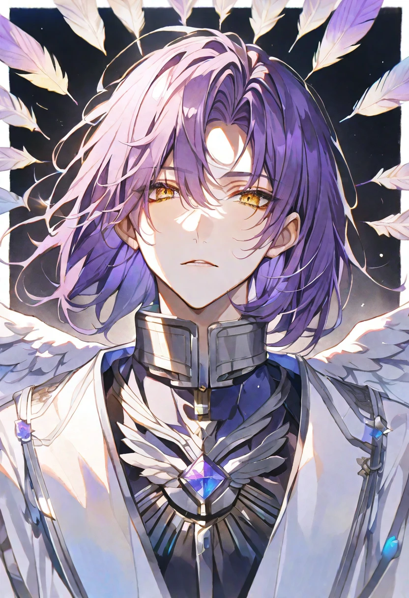 solo,handsome, Watercolor,
1. male,
hime cut,Straight Hair,Bob Hair, 
purple hair, 
yellow Eyes, Angel ,Angel feather,
Sexy,purple,
白い学ラン,
skin,Silver Accessories,Face up,İcon,
black background,