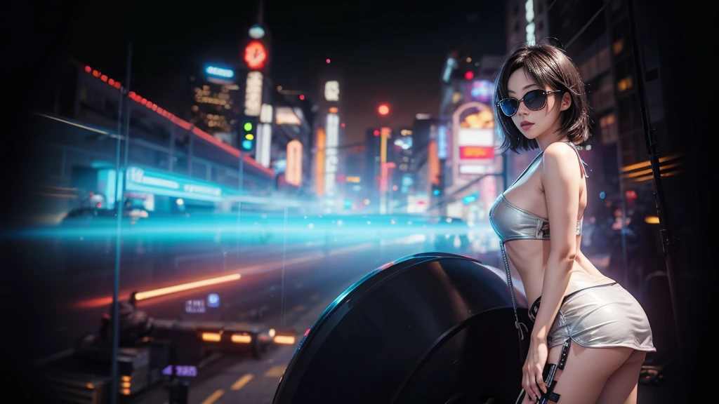 8k, Realistic Skin Texture, Realistic Photo, Neo Tokyo, slim women, large-breast:1.3 cleavage:1.2, AD2050 at night, Dirty hunting jacket, Wearing tube top, miniskirt, (((black sunglasses, automatic rifle, sneakers, cold, shooting pose, very low angle view))), Innovative composition, revenge, cyberpunk, blade runner worldview, Large neon sign, Geisha hologram sign, Strong Wakamoto Sign.