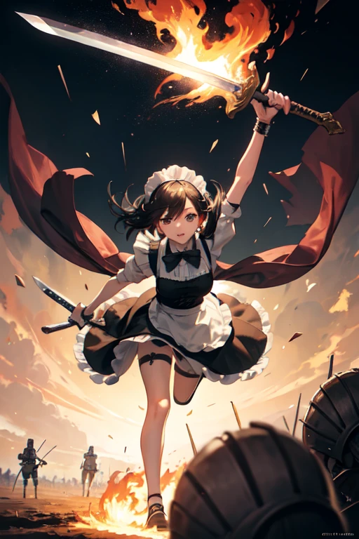 (((Highest quality))), ((masterpiece)), (((detailed))), (((Attention to detail))), ((High resolution))girl, cute, black and white maid outfit, Slightly longer bob hair, A cool maid holding a sword, Running through with a sword, A Sword, Lead the way, Big Great Sword, Two-handed sword, Burning Battlefield, (Flaming), Oblique angle,
