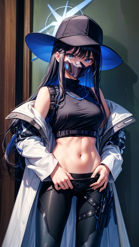 (masterpiece, best quality:1.2), Cowboy shooting, Solitary, 1 Girl, Yarn weaving \(Blue Files\), Face mask, Looking at the audience, Hands in pockets, Long hair, Black Hair, Baseball cap, Halo, blue eyes, Open clothes, Off-shoulder, coat, Top of crop, Chest harness, Black pants, Thigh Holster, Snap-on type