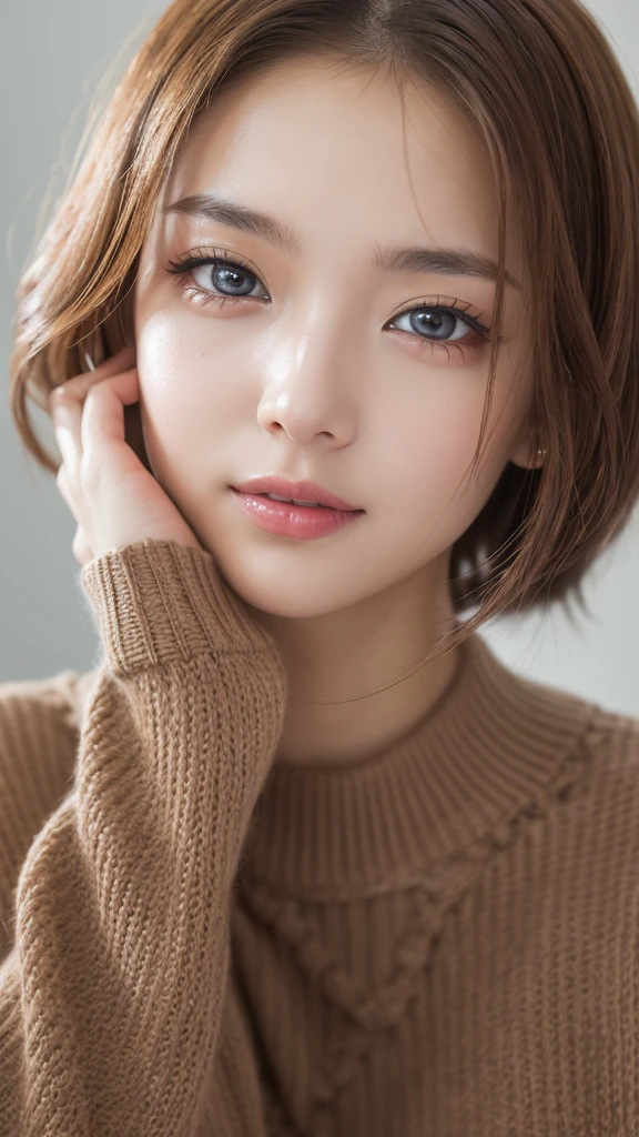 (masutepiece), A sexy、Natural light, Photorealistic, Cameltoe, diffuse glow, depth of fields, big eye、profetional lighting、the eyes are blue、Russian、a blond、selfee、Black sweater、The background is home、