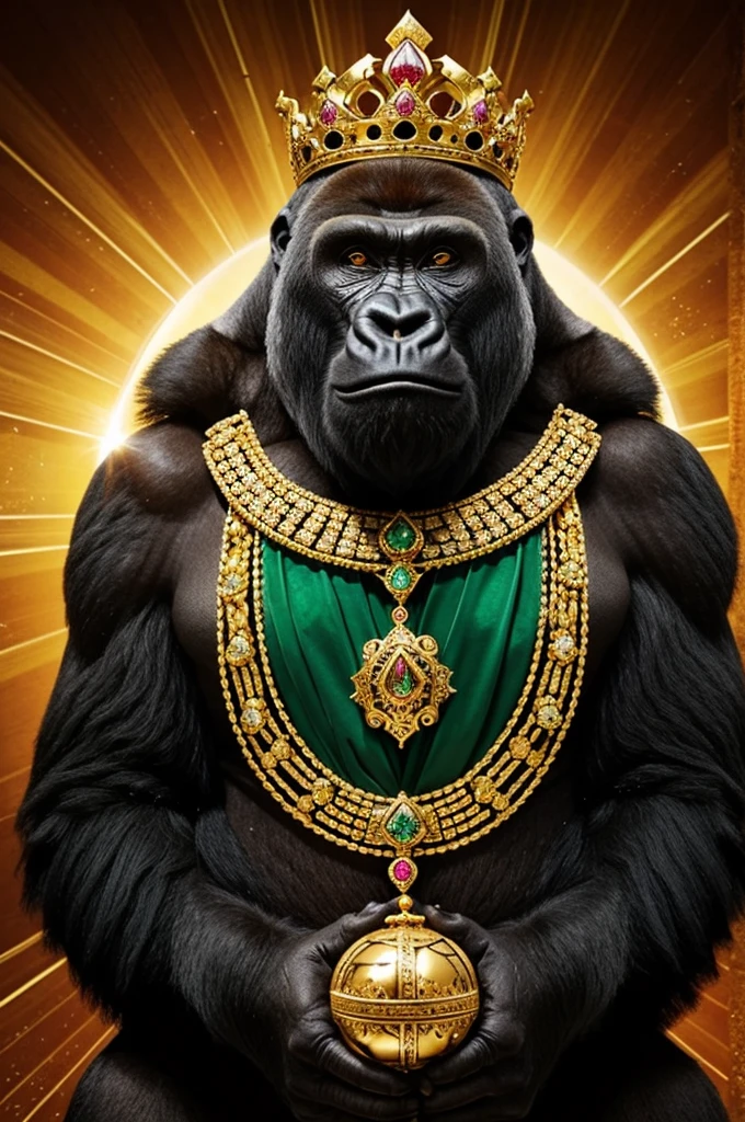 masterpiece, best quality, photo realistic ,fashionmonkey, gorilla, eye wear on head, gears, gem, goggles , gold, jewelry, magic circle,male_focus, owl, pants, shoes, sunglasses, tassel, throne,