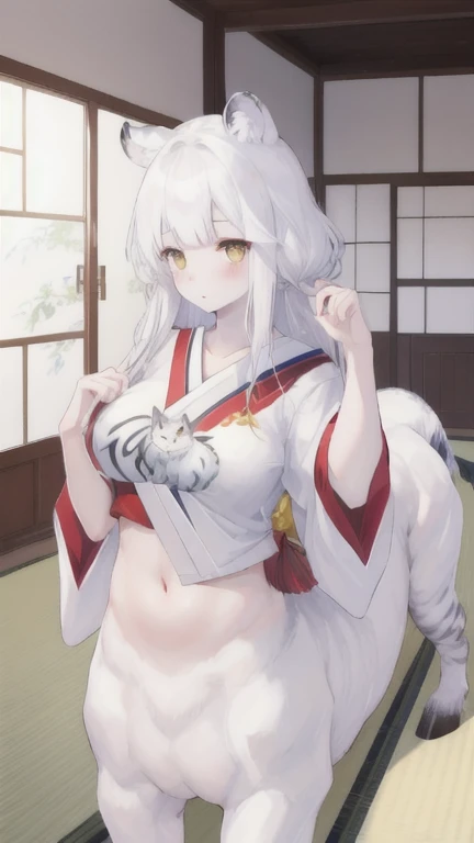 (best quality, masterpiece), 1 girl, centaur, It takes, White skin, 19 year old Japanese female student , exposing the abdomen,belly button t-shirt, 아름다운 소녀 perfect white tiger photo, perfect white tiger photo
