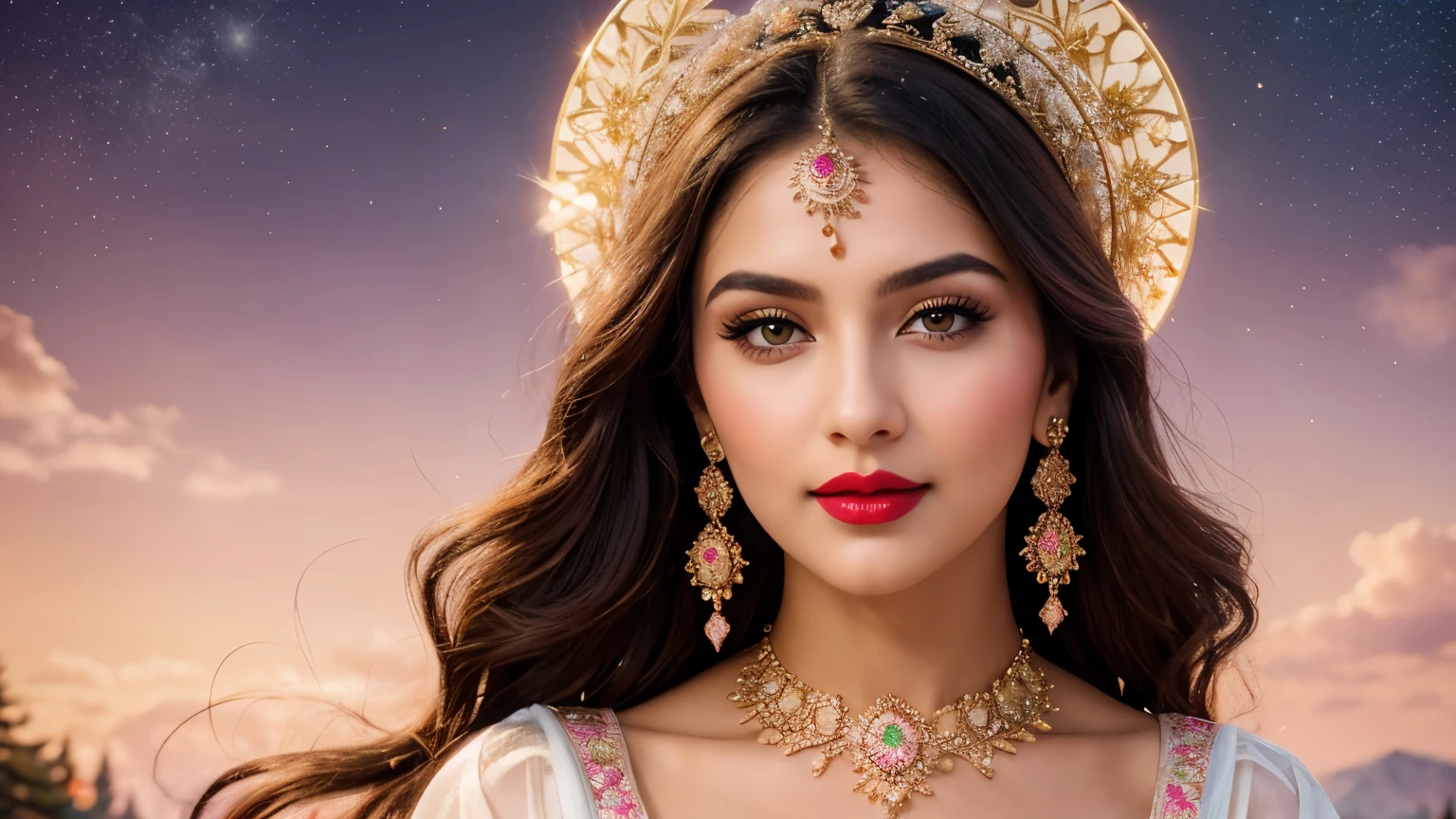 perfect pink eyes, fantastic face, Indian, beautiful look, ((red lips, bright eyes, curve heir 1.5)), ((beautiful details very big breast )), (Straight round and ultra huge clevage, not sagging breast), A glorious gorgeous, glorious gorgeous face, pretty face, bright eyes, detailed elegant printed red hijab, updo elegant hair, blurred gray tones background, ultra focus, face ilumined, face detailed, 8k resolution, painted, dry brush, brush strokes, razumov style and garmash style, by Tokaito, (fluorescent colours:1.4),(semi transparent:1.4),(retro filters:1.4),(fanciful:1.4),Candy World Disneyland Ethereal Soft Fluffy Soft Landscape Forest Snowflake Pale Pink Sky Green Blue Sparkling Ethereal Light Soft Whimsical Light Rainbow Stars Diamond Sparkle Gemstone Background Ultra Realistic Ultra High Quality Cinematic Lighting Huge Details Full HD Painting Plenty of light,diagonal bangs, Dress with collar,side masterpiece, best qualityer,realskin,(sportrait:1.5), 1girll, bluntbangs, long whitr hair,