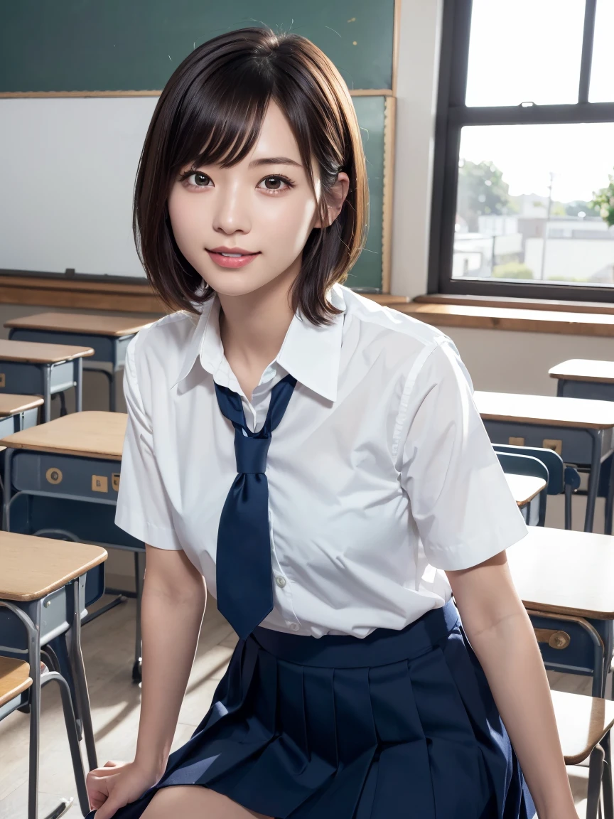 Tabletop, Highest quality, Japanese girl,One Girl, 8K, RAW Photos, Highest quality, Tabletop, んdebtdebt:1.2, Highly detailed RAW color photos, Professional Photos, (Realistic, Realistic:1.37), (Highly detailed skins:1.2), Ultra-high resolution, (Lenz 50mm), (debt/1.2),Exquisitely drawn eyes,Staring at the audience,
Break with one girl (Many elderly people:1.4), Beautiful Face, cute,(smile:1.05),(20-year-old, Wide Hips,Straight hair, (short hair), Iris, White and beautiful skin,Small Mouth, high cheekbones (meaning), Sexy pose,(Leaning forward:1.3),(The to the debtW:1.1),White panties、Korean Idol、Nogizaka idol、Gravure idol pose、adult、、(Tabletop, Highest quality:1.3), (Ultra detailed 8K cg:1.2), (超Realisticな:1.35), (Realistic:1.45), (Realistic:1.4), Cowboy Shot,
A beautiful Japanese woman, 22 years old, Supermodel, Japanese Idols, , (sitting on desk:1.1), (school uniform:1.4), (Skirt flip:1.6),
(School classroom background:1.1),