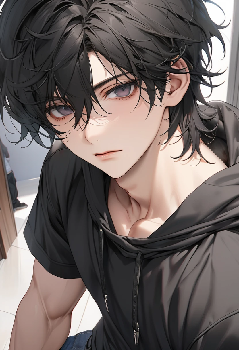 A high**********, handsome, perfect body, black hair, short hair, mullet, black eyes, upturned eyes, expressionless, black hoodie, anime, first-person view, masterpiece, anatomically correct, high details, highres, best quality, super detail, 1080P