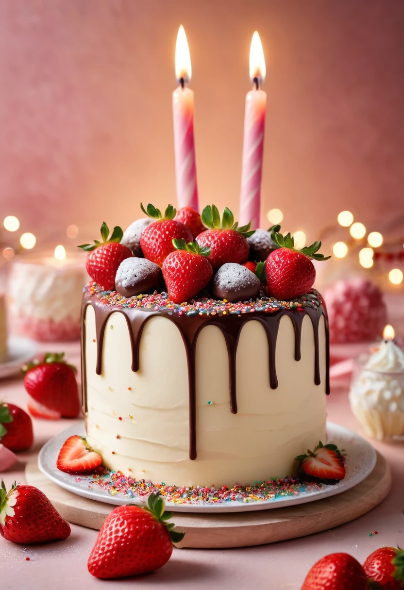 (best quality,4k,8k,highres,masterpiece:1.2),ultra-detailed,(realistic,photorealistic,photo-realistic:1.37),portraits,colorful lighting,delicious texture,layers of cream,freshly baked,candles lit,celebratory mood,vibrant colors,strawberries and chocolate decorations,lively frosting,sparkling sprinkles,dainty cake topper,birthday wishes, atmosphere,joyful celebration,sweet aroma,meticulous attention to detail,light and fluffy texture,whimsical design,delightful surprise with each bite,blissful moments,mouthwatering delight,lively and festive vibe