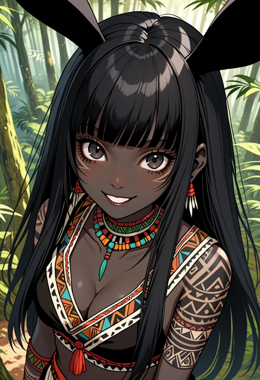 puntaje_9, female, huge black rabbit ears, floppy rabbit ears, black skin, black hair, very long hair, braided hair, tribal clothes, tribal tattoos, sackcloth clothes, wide smile, black eyes, fit, bare midriff, cleavage, medium breasts, close up, looking at viewer, black fluffy ears, forest, straight bangs, from above, perspective, scar across face