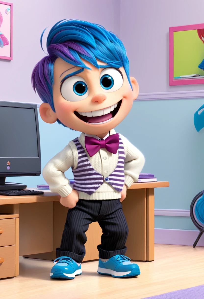 Fear (a boy character in the movie "Inside Out" with purple skin color, purple hair, powder blue long-sleeved shirt with white stripes, a Hounds tooth sweater vest, violet pants, black shoes, and a magenta bow tie) is excited, happy while looking at the computer screen, showing his back, smile brightly, show the computer screen, scenetic, wide, design, room, study desk