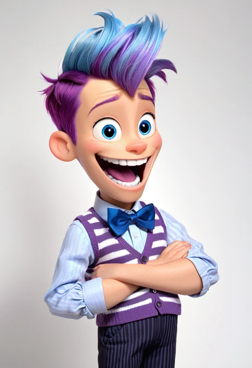 Fear (a boy character in the movie "Inside Out" with purple skin color, purple hair, powder blue long-sleeved shirt with white stripes, a Hounds tooth sweater vest, violet pants, black shoes, and a magenta bow tie) is scared, holding his face, mouth open, scared and shock, nervous, while looking at the computer screen, show the screen, scenetic, wide