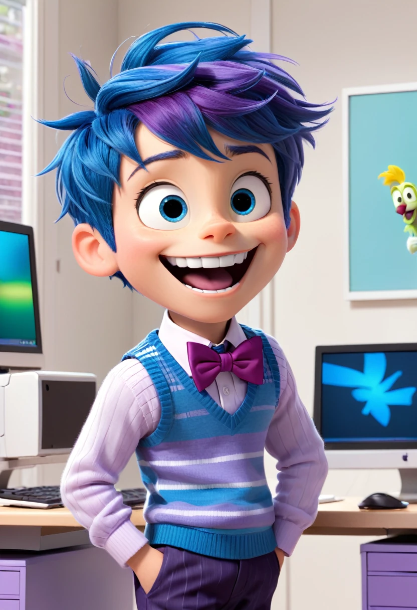 Fear (a boy character in the movie "Inside Out" with purple skin color, purple hair, powder blue long-sleeved shirt with white stripes, a Hounds tooth sweater vest, violet pants, black shoes, and a magenta bow tie) is excited, happy while looking at the computer screen, showing his back, smile brightly, show the computer screen, scenetic, wide, design, room, study desk
