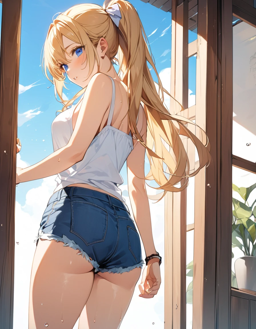 (Top quality illustrations:1.2), (pretty girl:1.1), (1 girl、、Top quality illustrations:1.2), (1 girl、Kind eyes、blue eyes:1.2)、Blonde、Semi-long hair、Mature、Beautiful breasts 、White tank top、Denim shorts、summer、blue sky、Sweat、Back view、((hip focus))