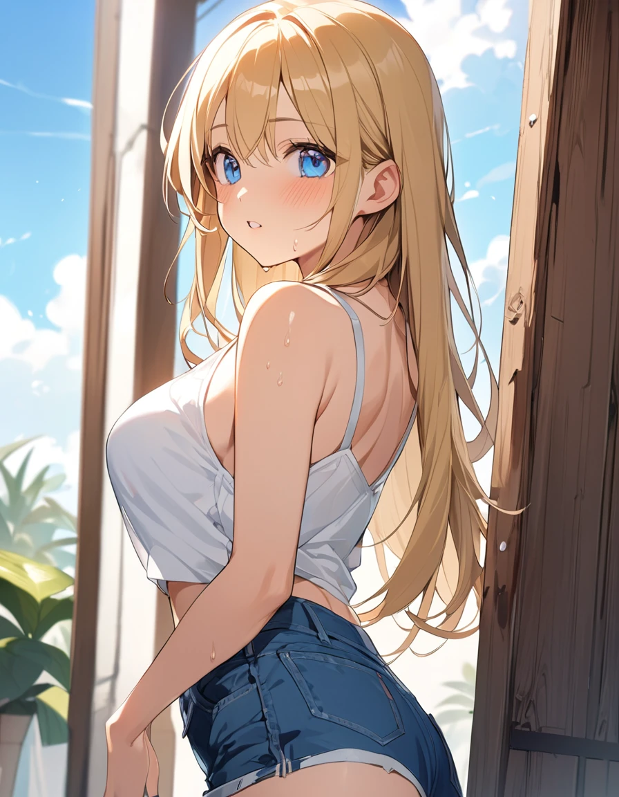 (Top quality illustrations:1.2), (pretty girl:1.1), (1 girl、************、Top quality illustrations:1.2), (1 girl、Kind eyes、blue eyes:1.2)、Blonde、Semi-long hair、Mature、Beautiful breasts 、White tank top、Denim shorts、summer、blue sky、Sweat、Back view、((hip focus))