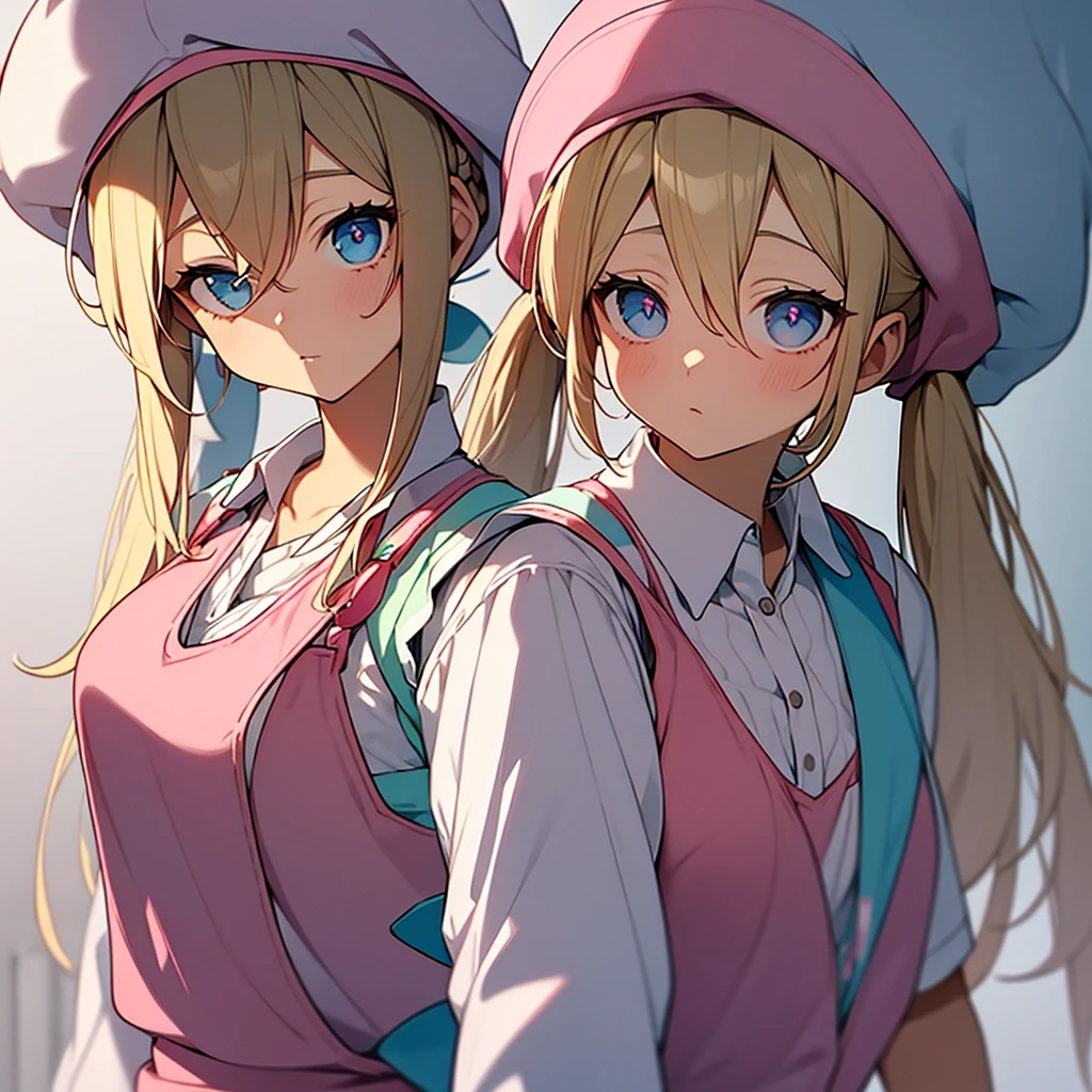 an adult woman, blue eyes, Blonde, hair in two pigtails, pink vests, pink dress with white overalls, a pink hat on her head, in a calm and sweet environment, photography as for social media profile