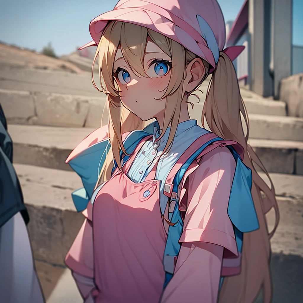 an adult woman, blue eyes, Blonde, hair in two pigtails, pink vests, pink dress with white overalls, a pink hat on her head, in a calm and sweet environment, photography as for social media profile