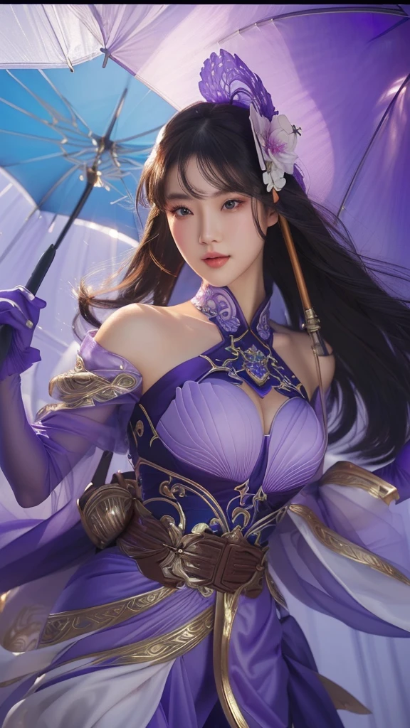 a beautiful woman in a purple dress holding a blue umbrella, extremely detailed artgerm, artgerm detailed, yun ling, artgerm lau, heise jinyao, style of artgerm, ! dream