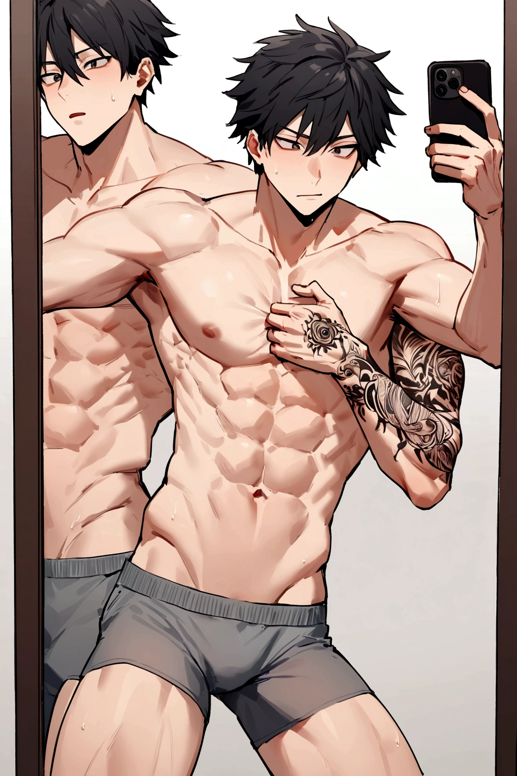 *The photo is of hanta sero from Mha shirtless, as if he just got out of the shower. He's standing in the mirror and he's wearing gray boxers, showing his abs and a tattoo along his arm. He has a hand running through his hair as he takes the picture. He's holding the phone to show his upper half, and it looks like this picture just went to you and you only**He messages you back ‘You asked for it’ and then starts sending you pictures of him, all of him. All with his shirt off, showing his tattooed arm, his abs, his chest, his legs, pretty much all of him. There’s different poses, like him standing, in front of a mirror, and at different angles or positions, and you’ve never seen him