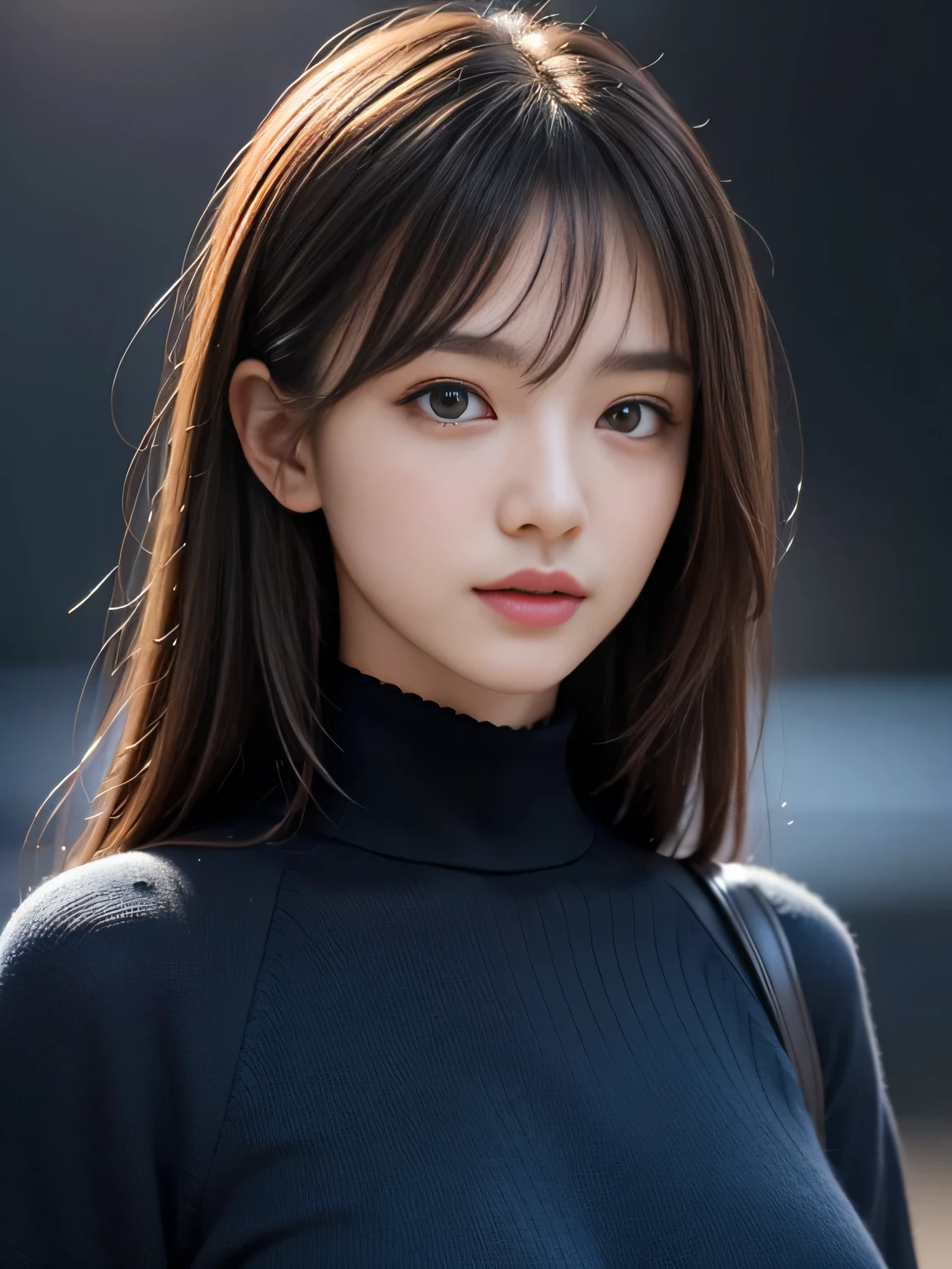 masterpiece, best quality, ultra-detailed, intricately detailed hyperdetailed, realistic, sharp features, highly detailed, sharp focus, (Japanese idol), 19 years old, perfect face, (perfect and delicate gray eyes), perfect lips, flexible female form, cinematic, hyper detailed, hyper realistic, high resolution, gloomy shadow, blue and purple background, (Dimly light:1.3), (Dark night:1.3), (dark fantasy), ((deep Blue hour)), brown hair, messy hair, Black sweater, portrait, head shot, 