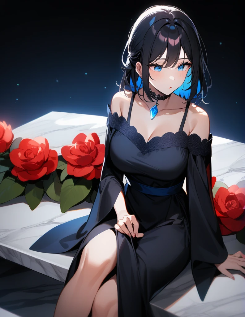 Greek milf woman, wearing a beautiful long black dress, short black hair, with luminous blue eyes, wearing a choker with a blue jewel, sitting on a marble bench while admiring her beautiful red garden