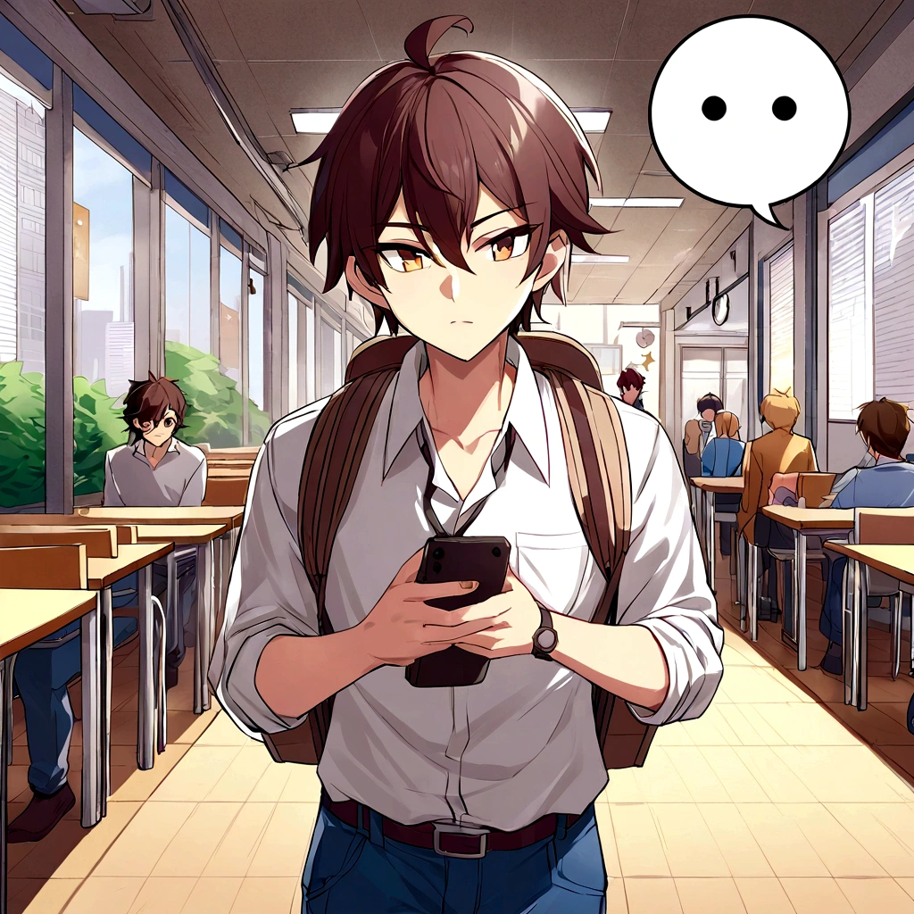 Kenji, now young adult, walks through the busy streets of the city, carrying a backpack. He observes the skyscrapers and the busy life around.