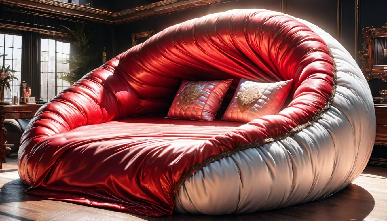 a luxurious, fluffy red silk comforter, giant silk body pillows, a magnificent, fluffy red silk bed, delicate silk textures, soft and cozy bedding, high-quality silk materials, plush and opulent bedroom scene, sumptuous red silk fabrics, ornate and lavish sleeping area, exquisite silk details, lavish and decadent bedroom, luxurious silk bedding set, extremely detailed silk textures, ultra-realistic silk materials, (best quality,4k,8k,highres,masterpiece:1.2),ultra-detailed,(realistic,photorealistic,photo-realistic:1.37),HDR,studio lighting,physically-based rendering,extreme detail description,vibrant colors,warm lighting