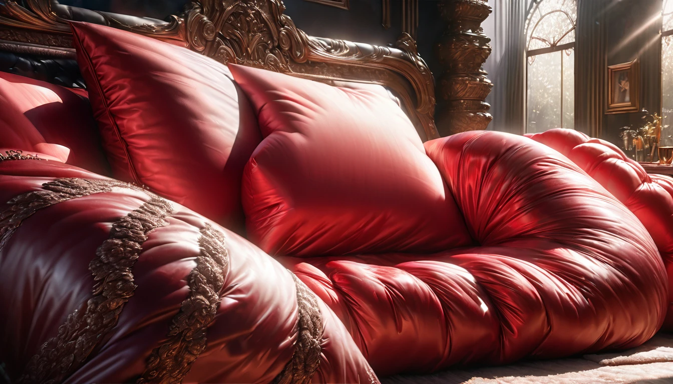 a luxurious, fluffy red silk comforter, giant silk body pillows, a magnificent, fluffy red silk bed, delicate silk textures, soft and cozy bedding, high-quality silk materials, plush and opulent bedroom scene, sumptuous red silk fabrics, ornate and lavish sleeping area, exquisite silk details, lavish and decadent bedroom, luxurious silk bedding set, extremely detailed silk textures, ultra-realistic silk materials, (best quality,4k,8k,highres,masterpiece:1.2),ultra-detailed,(realistic,photorealistic,photo-realistic:1.37),HDR,studio lighting,physically-based rendering,extreme detail description,vibrant colors,warm lighting