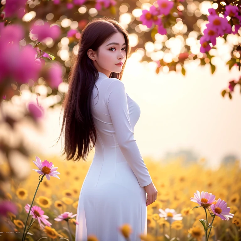 a beautiful girl in white aodai , masterpiece, best quality, realistic:1.3,in a field of flowers, sunlight, backlighting,desktop wallpaper 4k,good finger,looking from behind