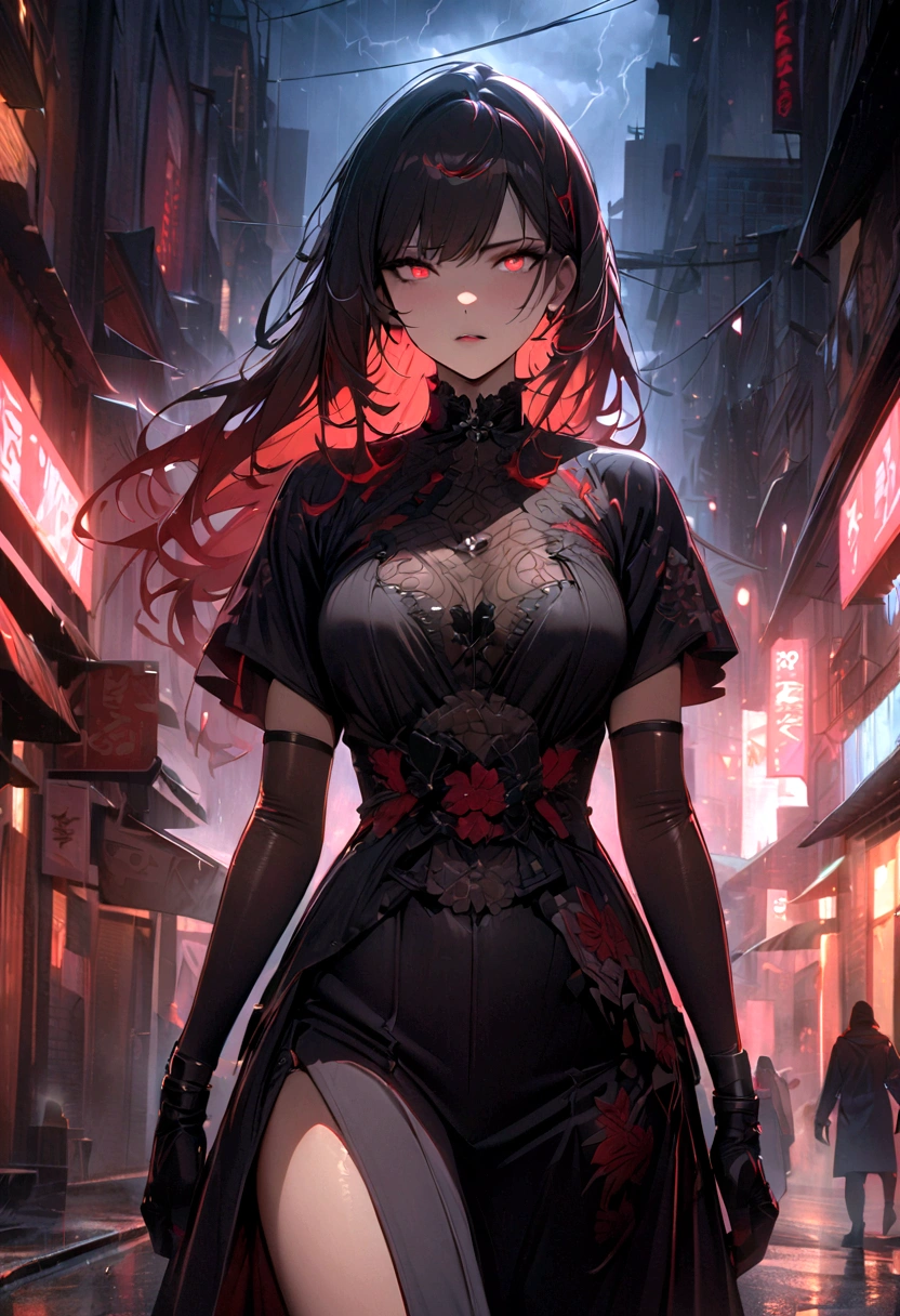 1 Japanese girl, Warframe, Complex patterns, heavy metal, Energy Line, The Faceless, Glowing eyes, elegant, intense, Blood red and black, Solitary, Modern, City, street, dark clouds, thunderstorm, Heavy rain,, Dramatic Lighting,, (masterpiece:1.2), best quality, high resolution, Beautiful and detailed, Extremely detailed, Perfect lighting,