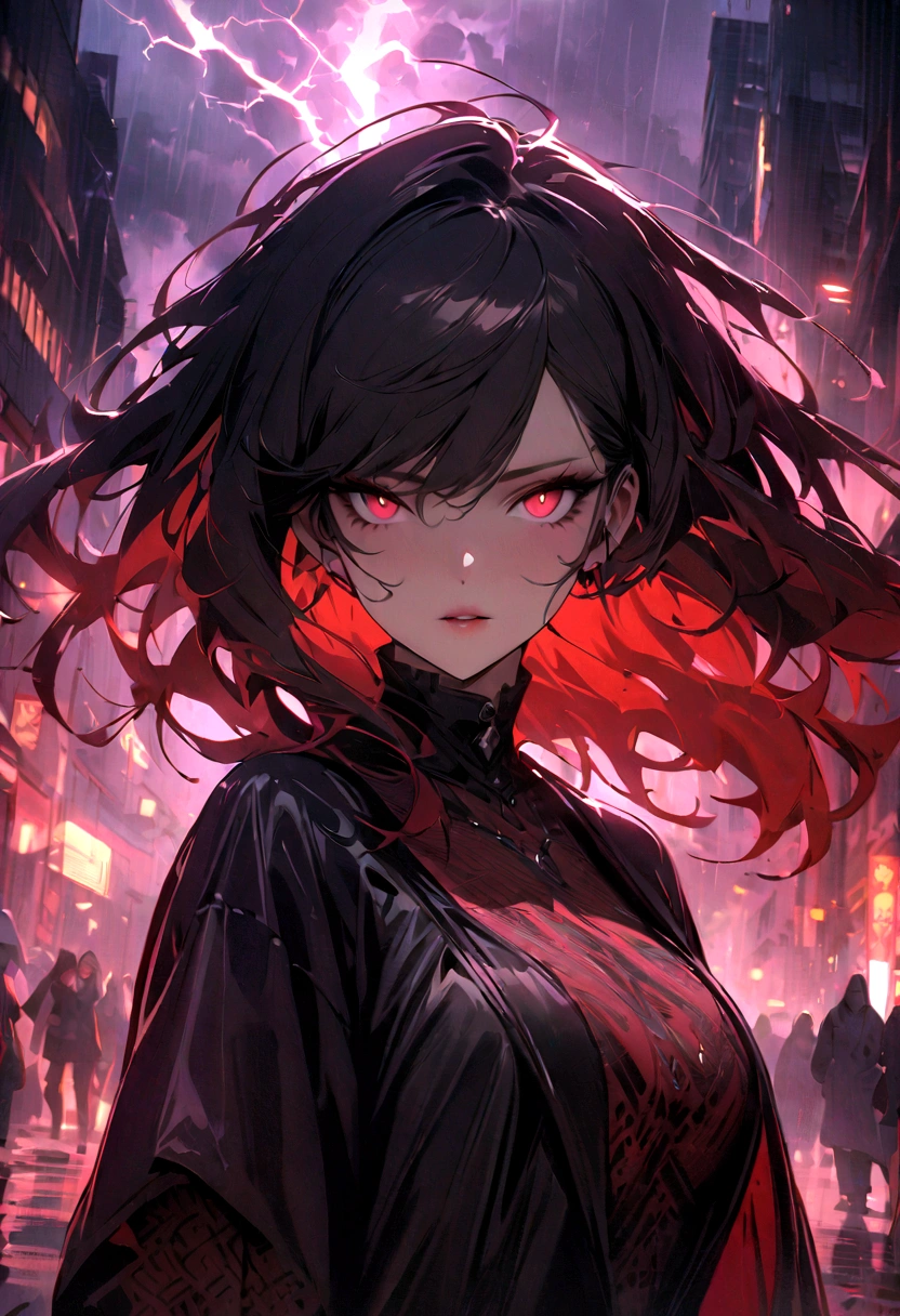 1 Japanese girl, Warframe, Complex patterns, heavy metal, Energy Line, The Faceless, Glowing eyes, elegant, intense, Blood red and black, Solitary, Modern, City, street, dark clouds, thunderstorm, Heavy rain,, Dramatic Lighting,, (masterpiece:1.2), best quality, high resolution,   Beautiful and detailed, Extremely detailed, Perfect lighting,