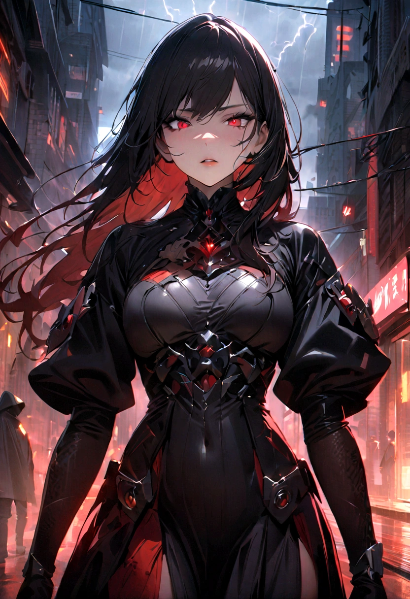 1 Japanese girl, Warframe, Complex patterns, heavy metal, Energy Line, The Faceless, Glowing eyes, elegant, intense, Blood red and black, Solitary, Modern, City, street, dark clouds, thunderstorm, Heavy rain,, Dramatic Lighting,, (masterpiece:1.2), best quality, high resolution,   Beautiful and detailed, Extremely detailed, Perfect lighting,