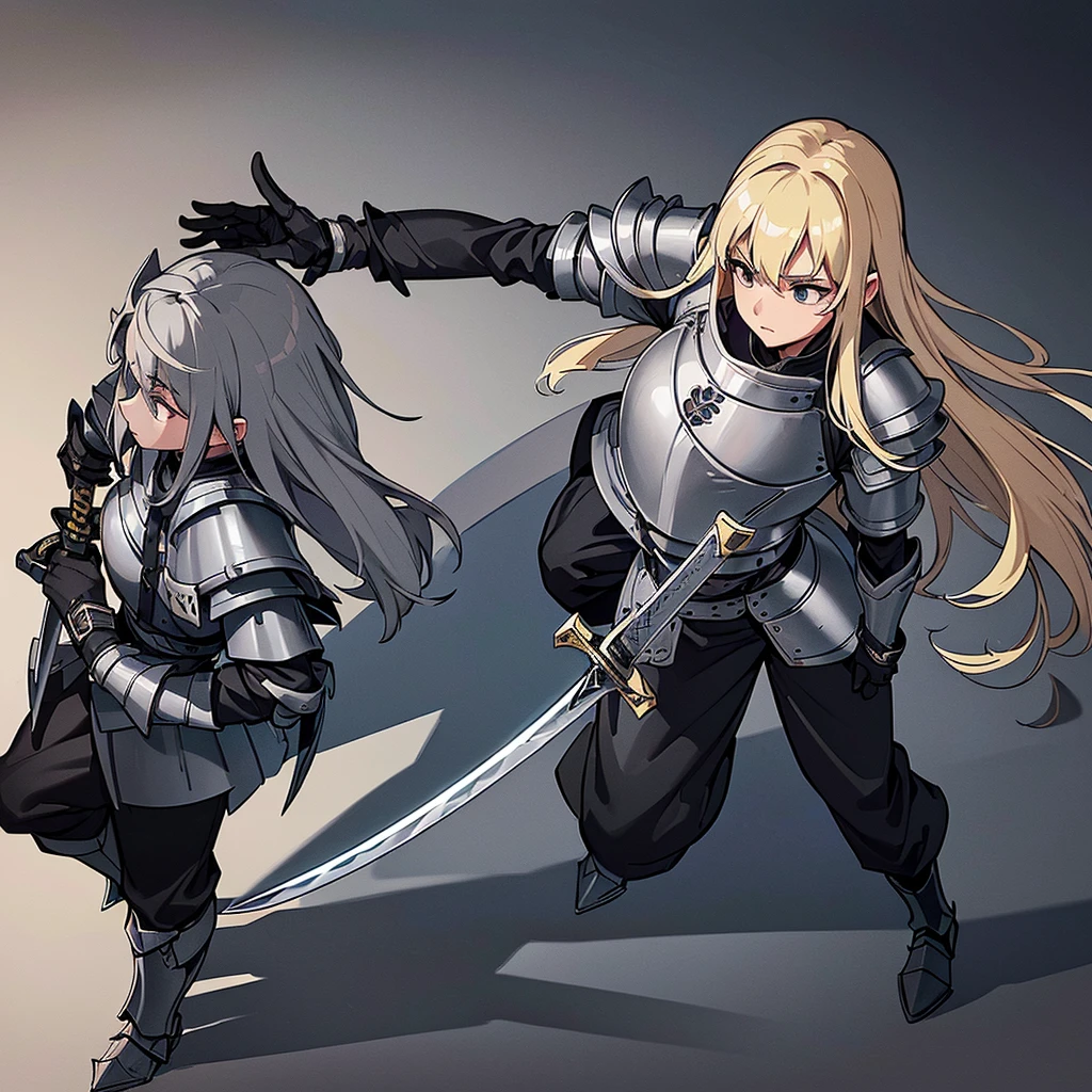 Best illustrations、Best Quality、(Full body character concept、detailed)、(((Simple grey armor、Black trousers、Black gloves))、(woman、18-year-old)、(Blonde、Long Hair)、(((Grab the sword、Get Ready)))、(From above)