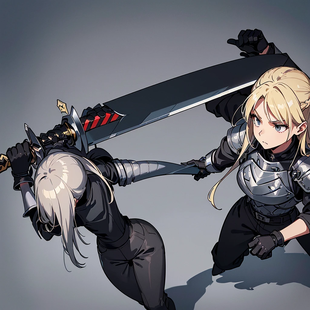 Best illustrations、Best Quality、(Full body character concept、detailed)、(((Simple grey armor、Black trousers、Black gloves))、(woman、18-year-old)、(Blonde、Long Hair)、(((Grab the sword、Get Ready)))、(From above)