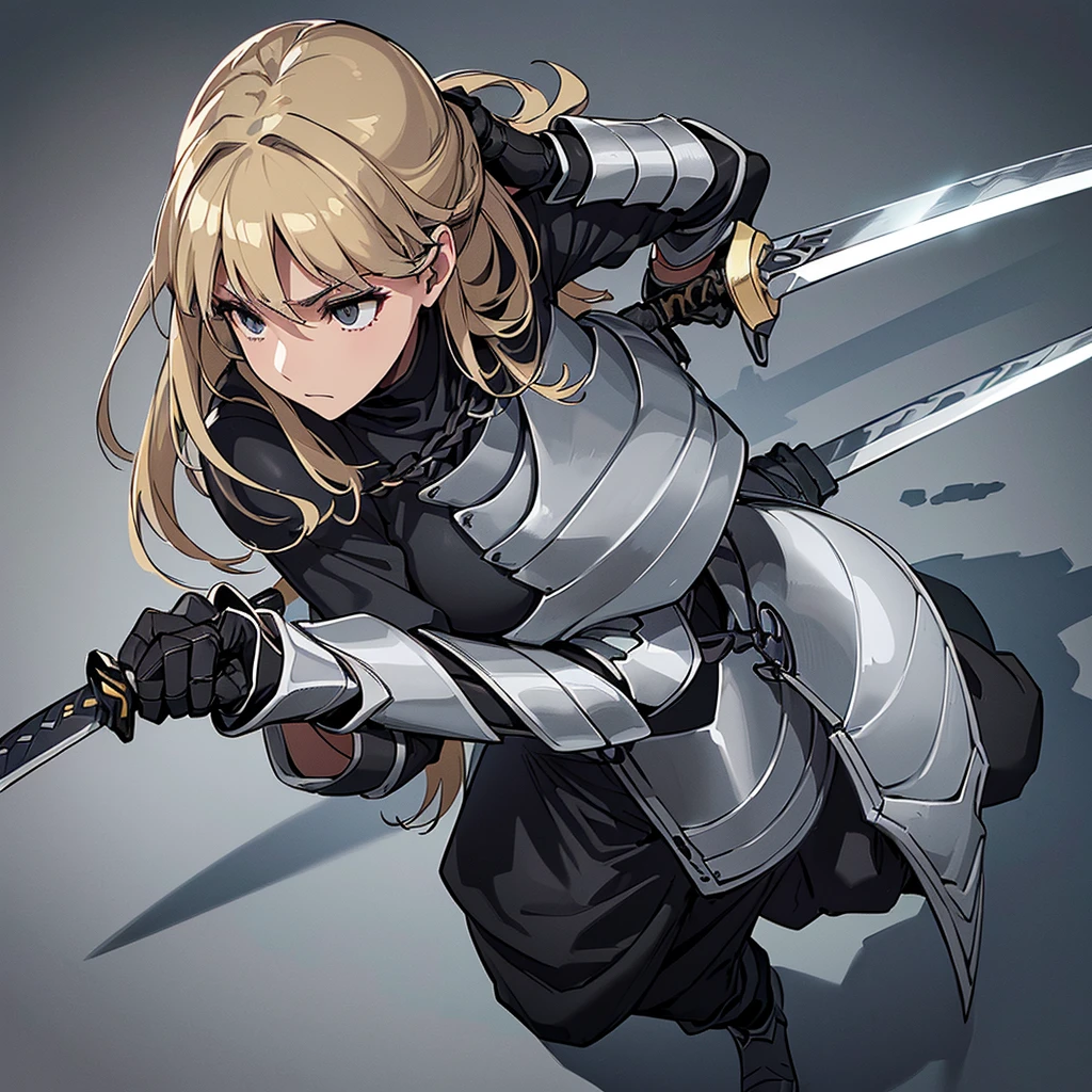 Best illustrations、Best Quality、(Full body character concept、detailed)、(((Simple grey armor、Black trousers、Black gloves))、(woman、18-year-old)、(Blonde、Long Hair)、(((Grab the sword、Get Ready)))、(From above)