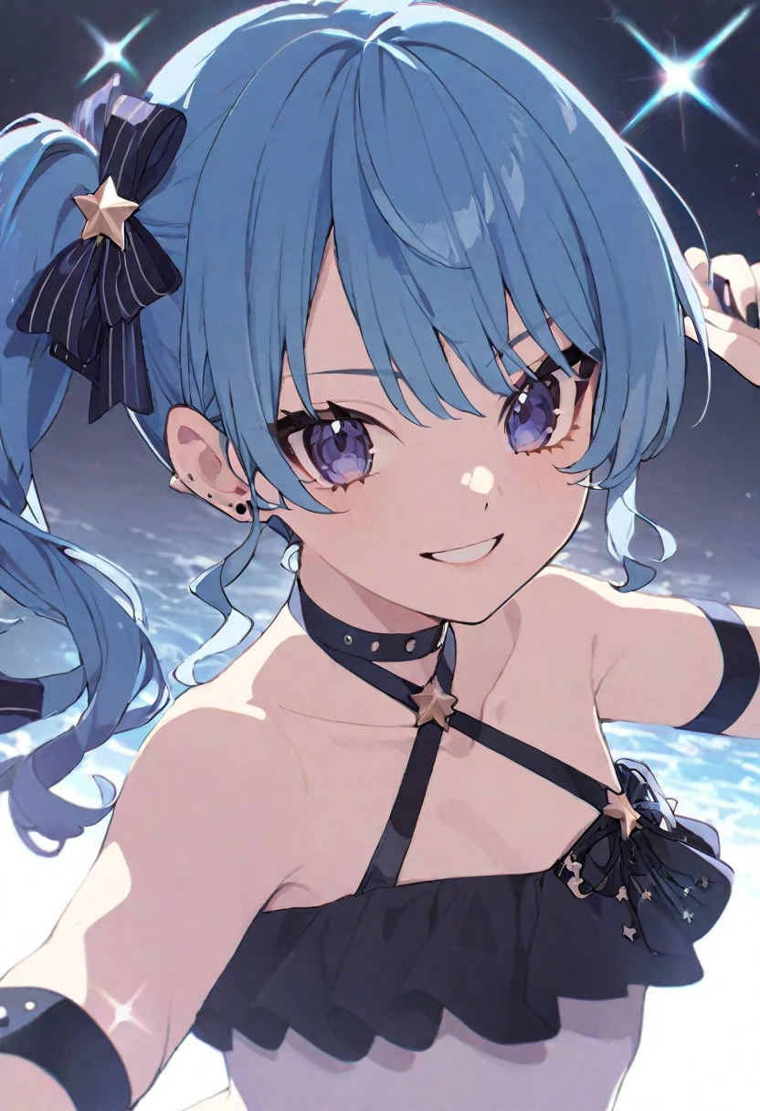 (muste piece), (best quality), very detailed eyes, expressive eyes, perfect face, very detailed face, highly detailed face, beautiful girl, 8K, beautiful girl, white background, delicate and beautiful face and eyes, dark intense shadow, 
1 girl, vtuber style, cool girl, hololive, Hoshimachi Suisei, blue hair, wet t-shirt, bikini, soaked, Bikini tops, bikini bottoms, String Only Micro Bikini, wet body, small chest, cropped shoulders, clavicle, one eye close winking, smile, body visible through clothes, chest visible through clothes, ass visible through thighs, (full body), standing,