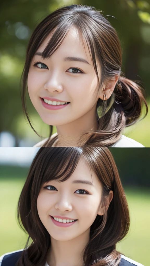 (Surreal), (High resolution), (8K), (Very detailed), (Beautiful and fine details), (Highest quality), (Ultra-detailed), (masterpiece), (Detailed face), Park Background、Yui Arakaki's face、huge 、Japanese: Tie your hair up、Laughter、Smiling and making a peace sign、
