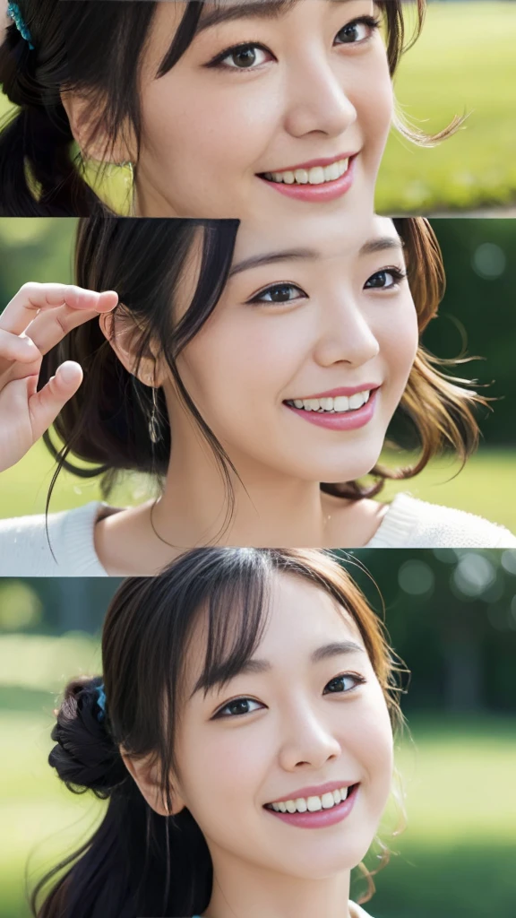 (Surreal), (High resolution), (8K), (Very detailed), (Beautiful and fine details), (Highest quality), (Ultra-detailed), (masterpiece), (Detailed face), Park Background、Yui Arakaki's face、huge 、Japanese: Tie your hair up、Laughter、Smiling and making a peace sign、