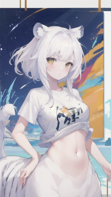 (best quality, masterpiece), 1 girl, centaur, It takes, White skin, Korean , exposing the abdomen,belly button t-shirt, 아름다운 소녀 perfect white tiger photo, perfect white tiger photo